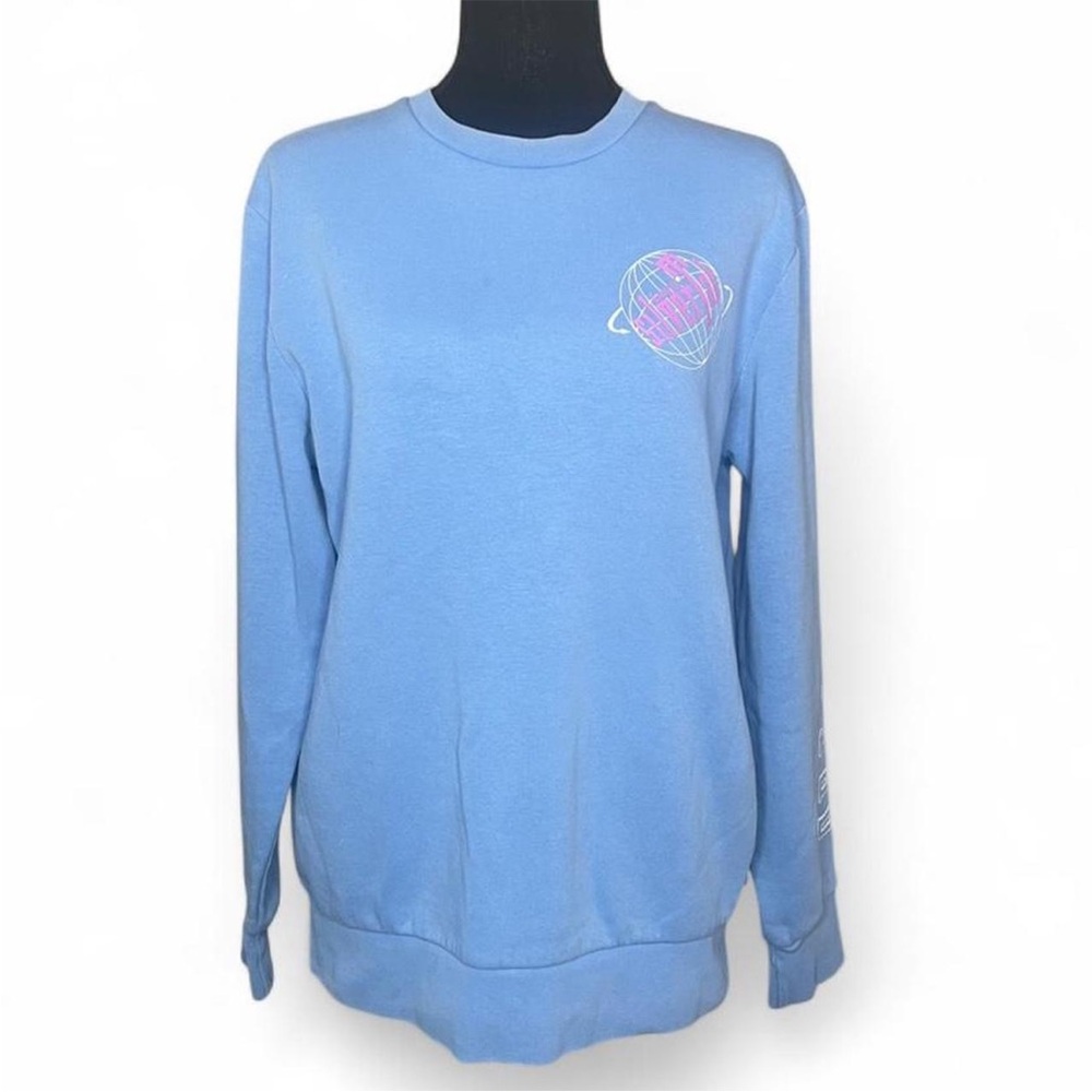 Levi's Baby Blue Crewneck Y2K Sweatshirt Pink and White Globe Logo Women’s S